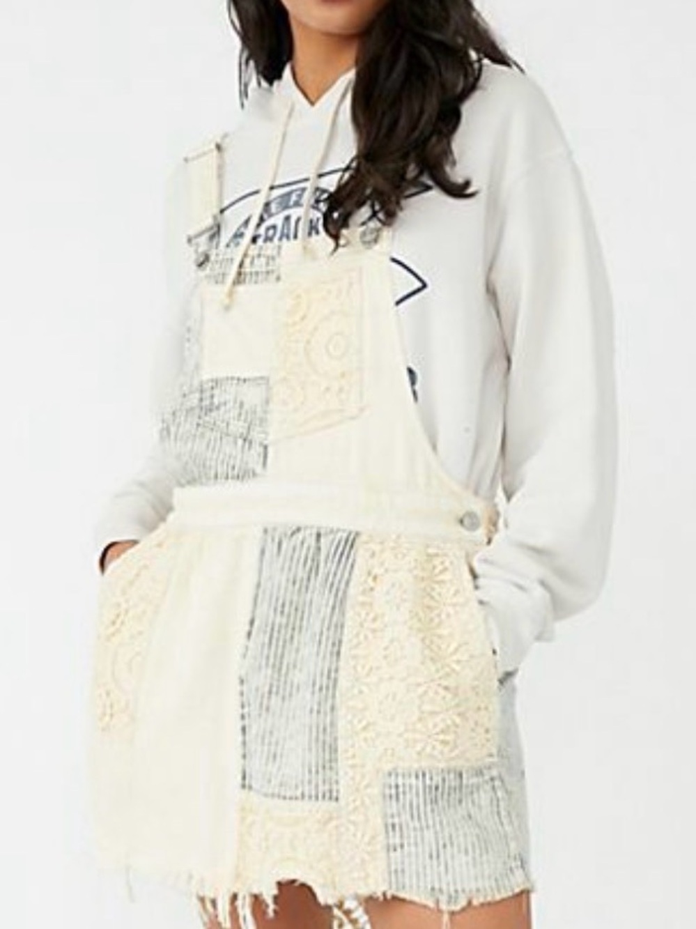 We The Free Cream Patchwork Denim Overalls Skirt